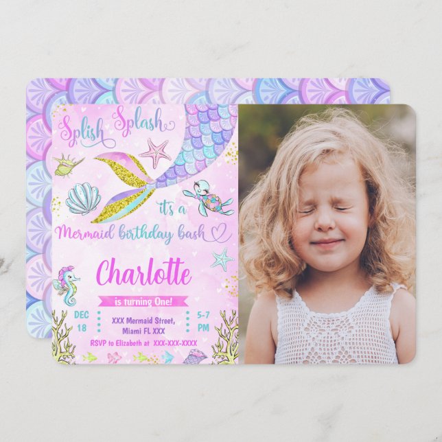 Invitación de foto de sirena (Anverso / Reverso)