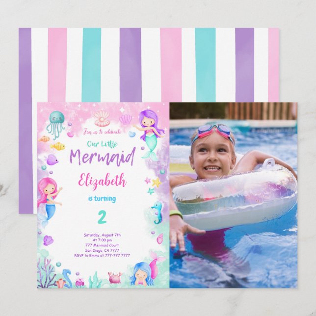 Invitación de foto de sirena para cumpleaños númer (Anverso / Reverso)