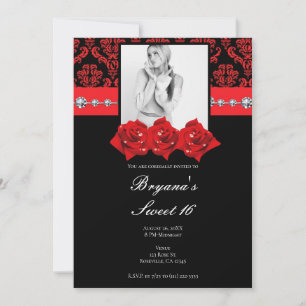 Invitación de foto de Sweet 16 de rosas rojas negr