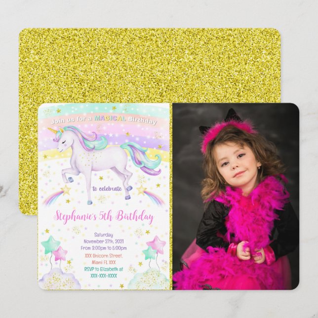 Invitación de foto de unicornio editable (Anverso / Reverso)