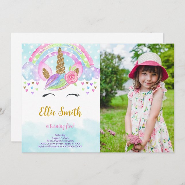 Invitación de foto de unicornio mágico de acuarela (Anverso / Reverso)