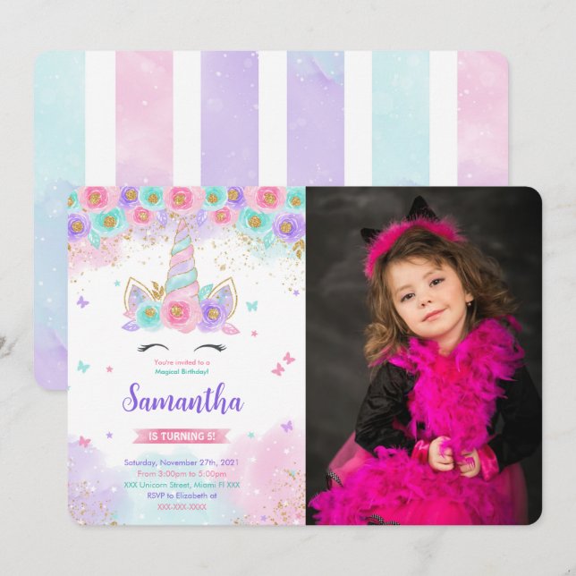 Invitación de foto de unicornio mágico editable (Anverso / Reverso)