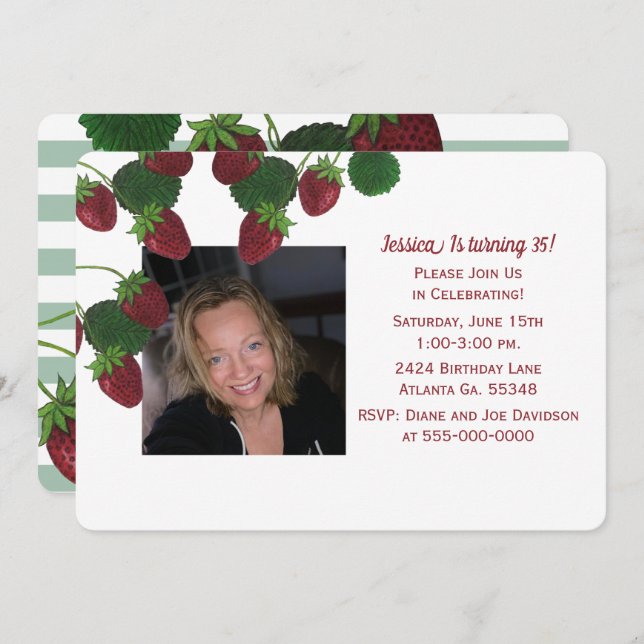 Invitación de foto de viña de fresa (Anverso / Reverso)