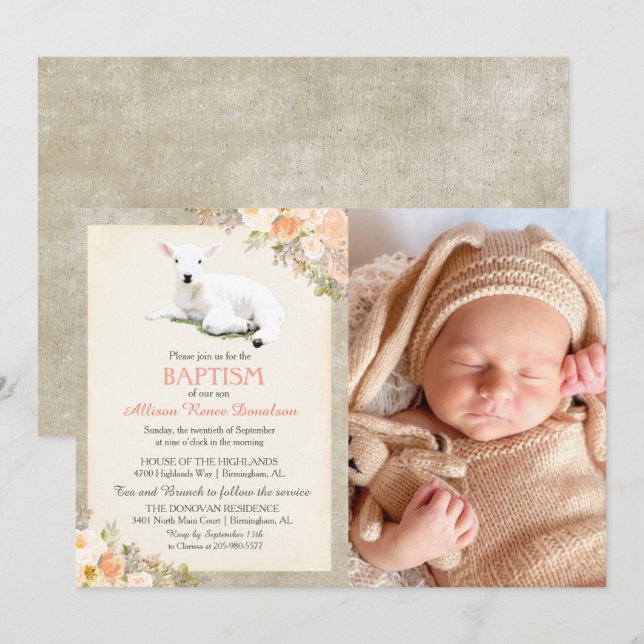 Invitación de Foto Floral de Bautizo de Corderito (Anverso / Reverso)