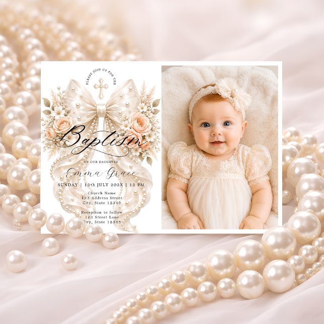 Invitación de foto floral elegante de bautizo con  (Subido por el creador)