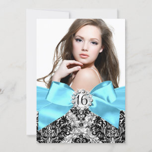 Invitación de foto Glitter Damask y lazo azul para