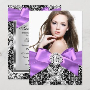 Invitación de foto Glitter Damask y lazo púrpura S