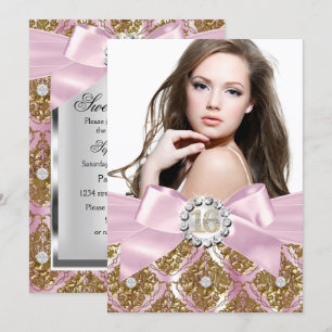 Invitación de foto Gold Jewel Damask & Pink Bow Sw