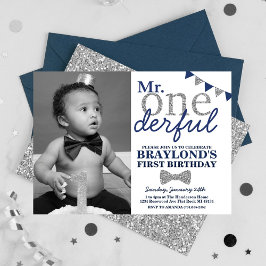 Invitación de Foto Mr Onederful, Azul y Plata