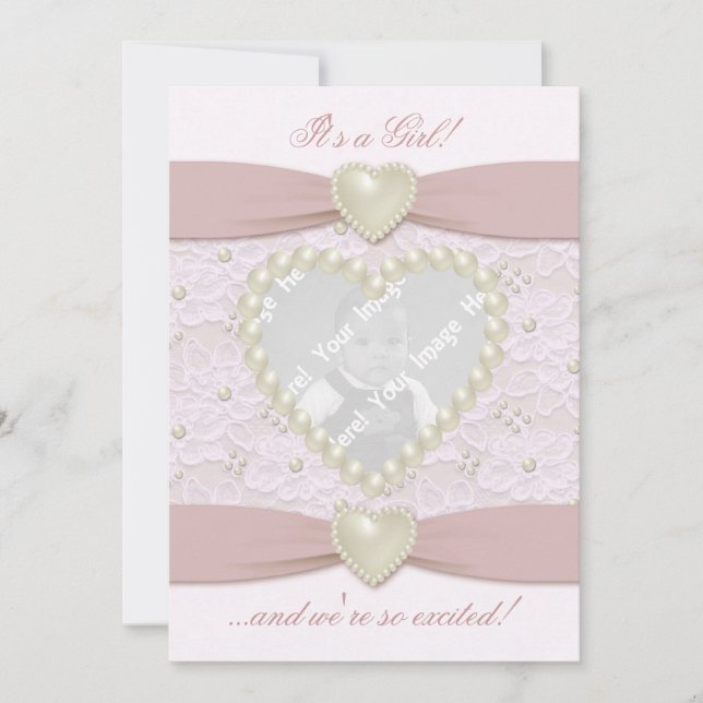 Invitación de foto para bebé Pink Pastel Lace Pear (Anverso)