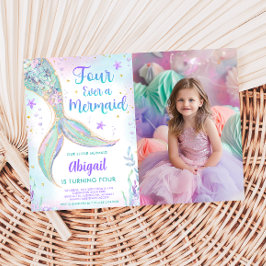 Invitación de foto para cumpleaños de sirena de 4