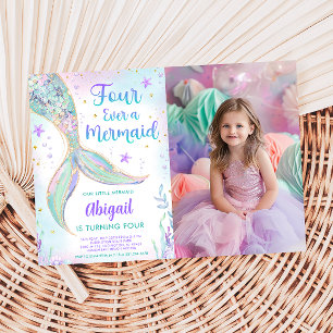 Invitación de foto para cumpleaños de sirena de 4