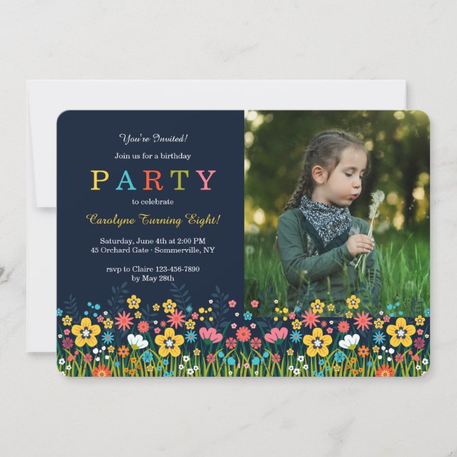 Invitación de foto rectangular de campo de flores (Anverso)
