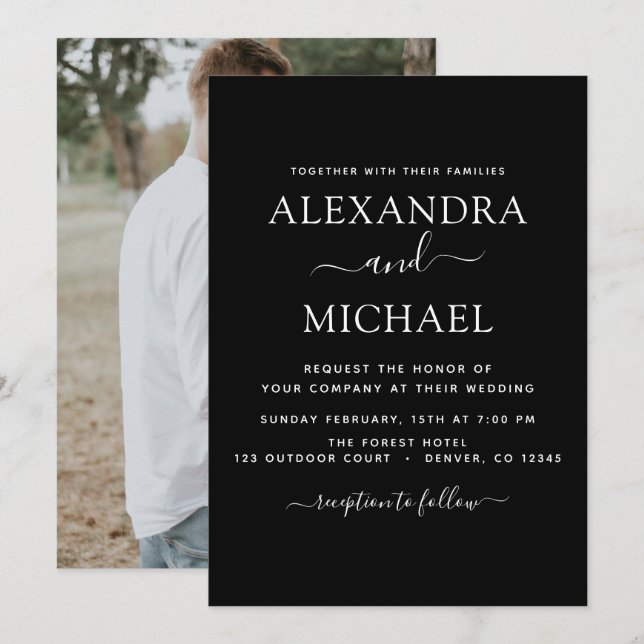 Invitación de foto romántica de Boda blanco negro (Anverso / Reverso)