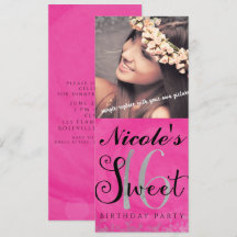 Invitación de foto Sweet 16 rosa, plateado y negro
