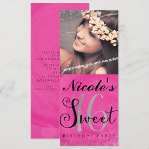 Invitación de foto Sweet 16 rosa, plateado y negro