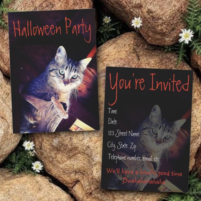 Invitación de fotografía de cerca de Kitty Aglow (Halloween party invitation template front and back)