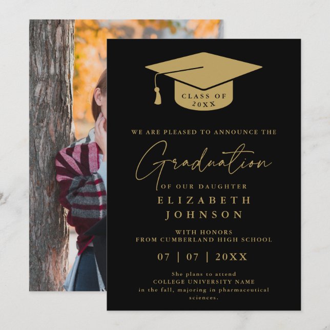 Invitación De Fotografía De Graduación En Negro Y  (Anverso / Reverso)