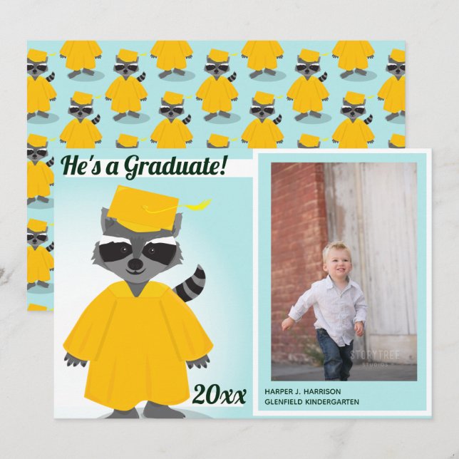 Invitación de fotos de graduación azul Raccoon (Anverso / Reverso)