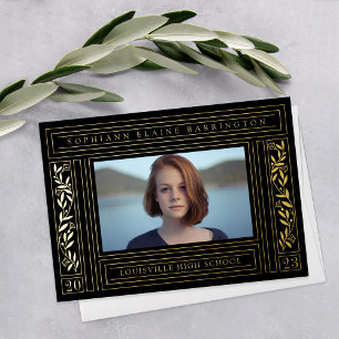 Invitación de fotos de graduación en negro y oro