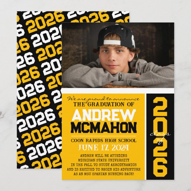 Invitación de fotos de graduación moderna de oro y (Anverso / Reverso)