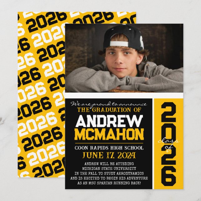 Invitación de fotos de graduación moderna en negro (Anverso / Reverso)