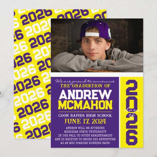 Invitación de fotos de graduación morada y amarill (Anverso / Reverso)