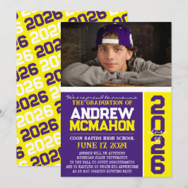 Invitación de fotos de graduación morada y amarill