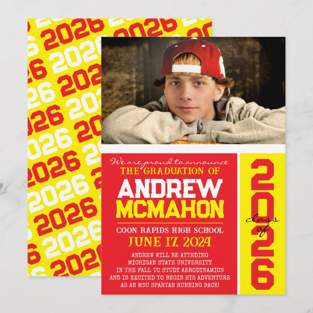 Invitación de fotos de graduación roja y amarilla (Anverso / Reverso)