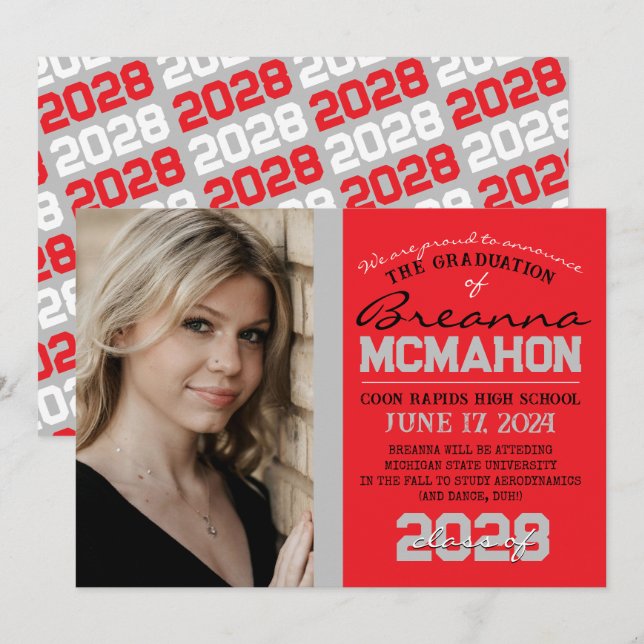 Invitación de fotos de graduación roja y plateada (Anverso / Reverso)