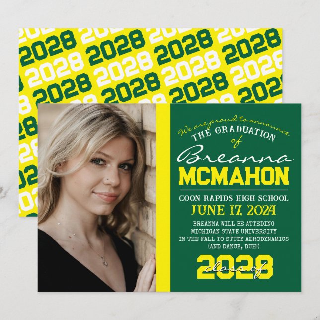 Invitación de fotos de graduación verde y amarilla (Anverso / Reverso)