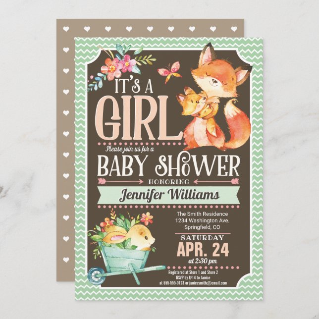 Invitación de Fox Baby Shower, Chica de Woodland (Anverso / Reverso)