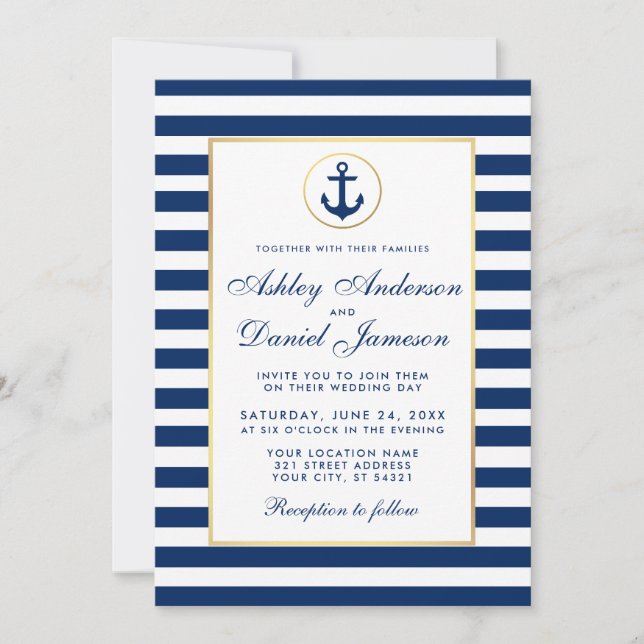 Invitación de franjas azules Bodas náuticas W (Anverso)