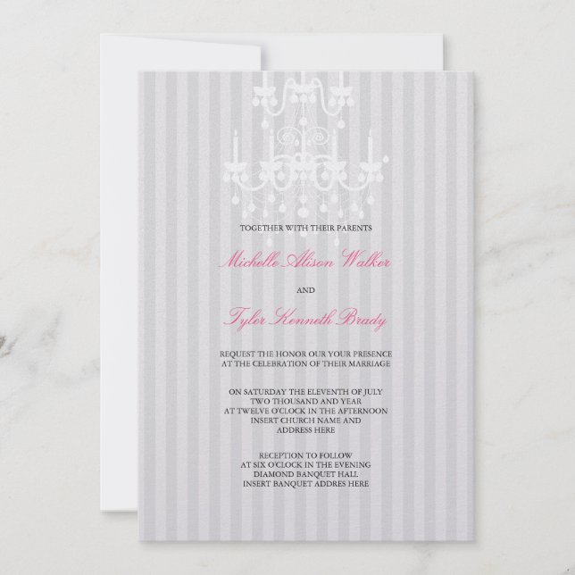 Invitación de franjas candelabro blanco y plateado (Anverso)