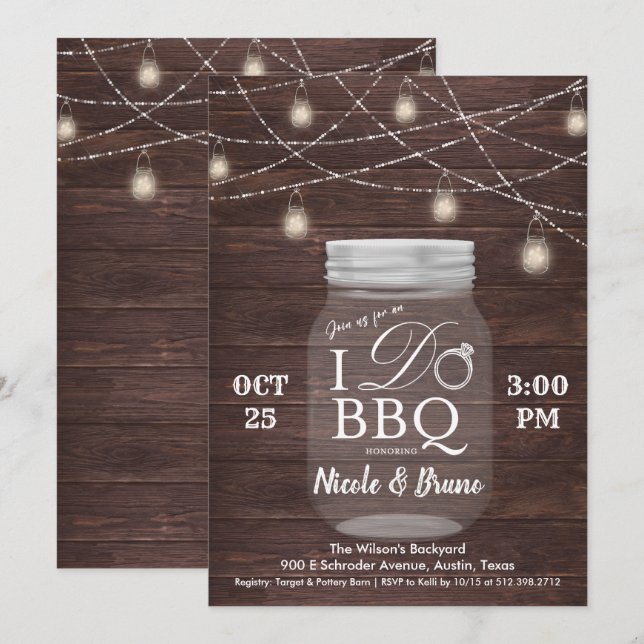 Invitación de frasco de albañil para barbacoa rúst (Anverso / Reverso)