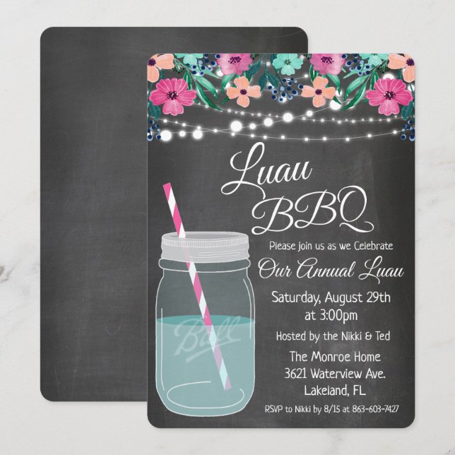 Invitación de frasco de Mason Luau Aloha (Anverso / Reverso)
