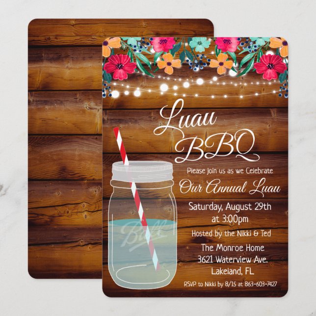 Invitación de frasco de Mason Luau Aloha (Anverso / Reverso)