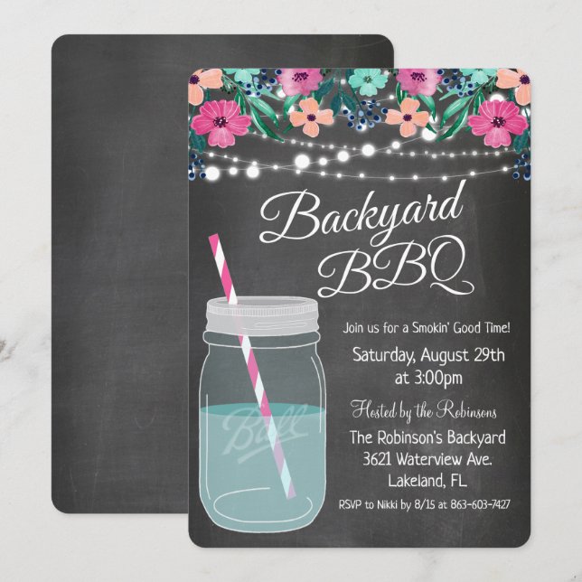 Invitación de frasco de Mason para BBQ en el patio (Anverso / Reverso)