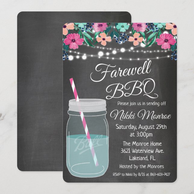 Invitación de frasco de Mason para despedida BBQ (Anverso / Reverso)