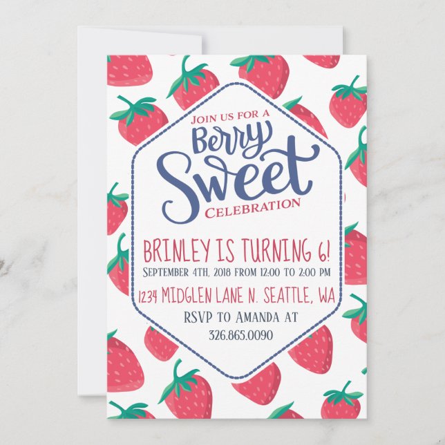 Invitación de fresa para Chicas Fiesta de verano (Anverso)