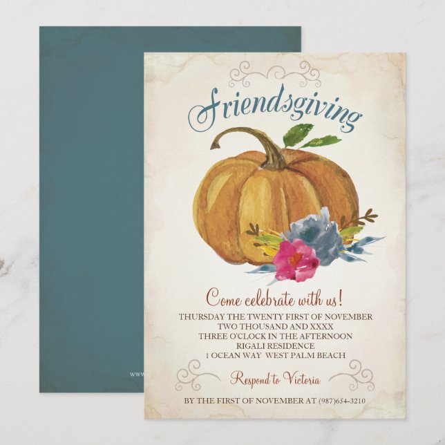 Invitación de Friendsgiving - calabaza de la (Anverso / Reverso)
