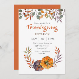 Invitación de Friendsgiving con hojas de otoño y c