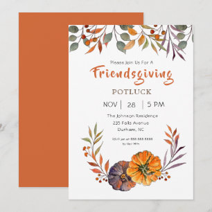 Invitación de Friendsgiving con hojas de otoño y c