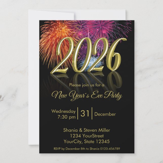 Invitación de fuegos artificiales Feliz Año Nuevo  (Anverso)