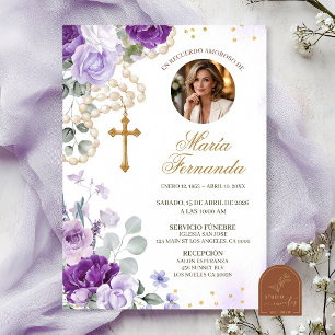 Invitación de funeral católica con rosario floral 