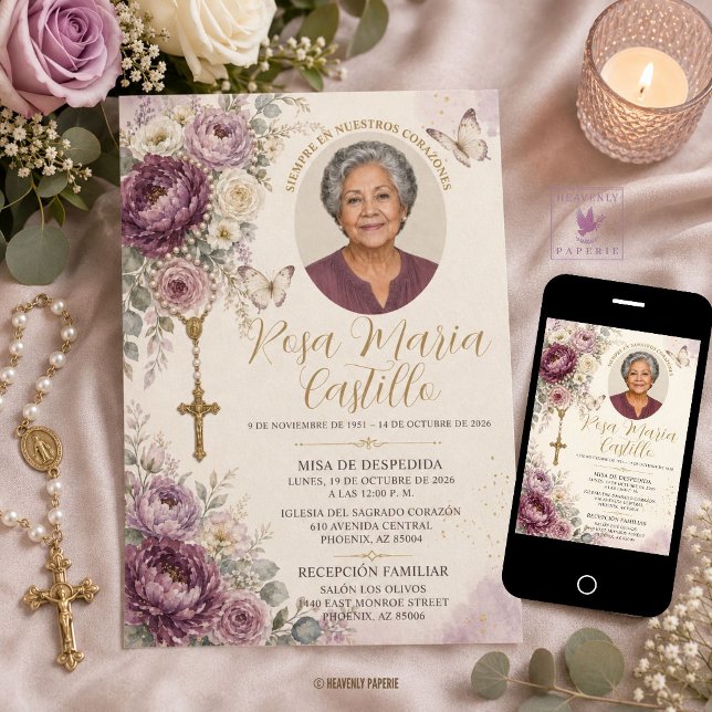 Invitación de Funeral Católico con Foto Floral de  (plum mauve purple white ivory peonies roses floral rosary beads photo  catholic funeral invitation )
