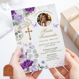 Invitación de funeral católico con rosario floral