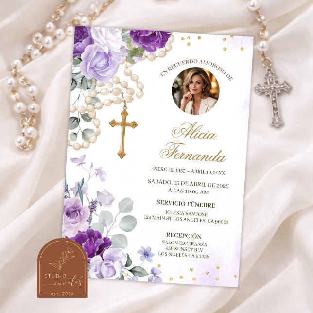 Invitación de funeral católico con rosario floral  (Subido por el creador)