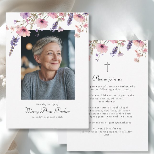 Invitación de funeral con foto "Celebración de la  (Wildflower "Celebration of Life" Photo Funeral Invitation)