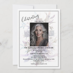 Invitación de funeral con foto de vida de lavanda